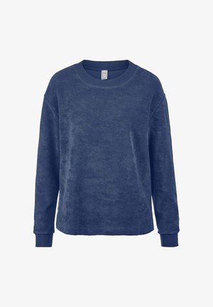 Dunkelblauer Pullover mit rundem Ausschnitt, langen Ärmeln und gerippten Bündchen und Saum, aus weichem Stoff gefertigt.