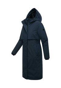 Manteau long bleu marine doté d'une capuche, d'une fermeture éclair et de poches latérales. Fabriqué en tissu lisse et résistant aux intempéries avec un design à taille cintrée.