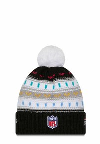 Strickmütze mit schwarz geripptem Bündchen, mehrfarbigem Streifenmuster in Grau, Weiß und Pastelltönen, gekrönt mit einem weißen Bommel und NFL-Logo.