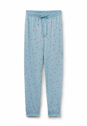 Pantalones de pijama azul claro con cintura elástica y cordón, con un patrón floral disperso en rojo y blanco. Material suave, ajuste entallado.