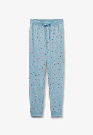 Pantalones de pijama azul claro con cintura elástica y cordón, con un patrón floral disperso en rojo y blanco. Material suave, ajuste entallado.