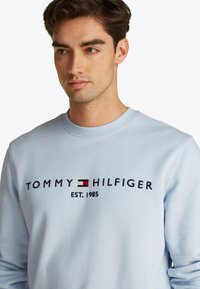 Felpa azzurro chiaro in cotone con collo rotondo. Presenta il logo "TOMMY HILFIGER" ricamato e la data di fondazione, con dettagli in nero e rosso.