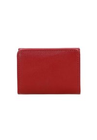 Rood leren portemonnee met een gladde textuur, compacte rechthoekige vorm en eenvoudige stikdetails langs de randen. Geen zichtbare hardware of patronen.