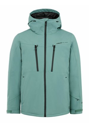 Eine mintgrüne Skijacke mit einem Reißverschluss vorne, zwei Brusttaschen, schwarzem Zubehör, verstellbarer Kapuze und atmungsaktiven Belüftungsöffnungen an der Kapuze.