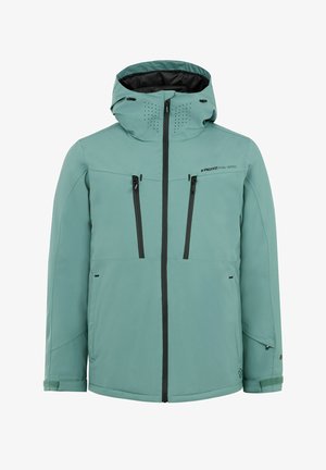 Una chaqueta de esquí verde menta con frente con cremallera, dos bolsillos en el pecho, herrajes negros, capucha ajustable y perforaciones transpirables en la capucha.
