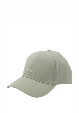 Casquette verte en tissu texturé, dotée d'un visière incurvée et d'un design cousu de trois animaux à l'avant.