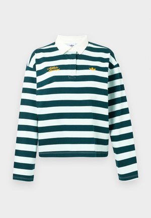 Koszulka polo z długim rękawem w paski w odcieniach teal i miętowym, z białym kołnierzykiem, haftowanym logo oraz krojem typu cropped.