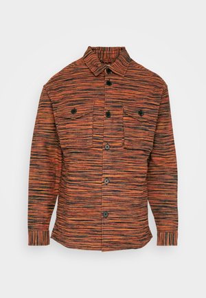 Long-sleeve shirt with orange, brown, and black horizontal stripes, button front, two chest pockets with flaps, and buttoned cuffs.