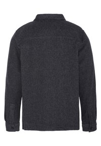 Dunkelgrauer Woll-Pullover mit langen Ärmeln und Knopfmanschetten, von hinten gezeigt, mit geradem Saum und einfachem Kragen.