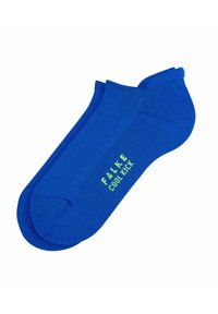 Calcetines tobilleros azules con un diseño de punto texturizado. Presentan un brillo verde brillante con la marca "FALKE COOL KICK" en el lateral.