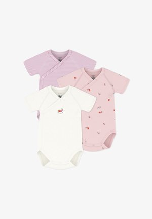 Tre body per neonati a manica corta con chiusura avvolgente, in bianco con stampa floreale, rosa chiaro con piccoli motivi floreali e strisce rosa e bianche.