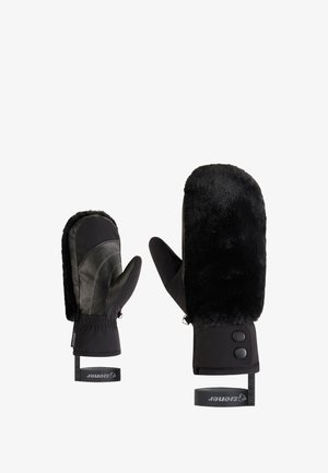 Black mittens with a textured faux fur exterior, leather accents, elastic cuffs, and adjustable straps. Features a sleek, streamlined design.