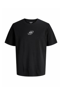Czarna bawełniana koszulka z krótkimi rękawami, z małym białym logo na klatce piersiowej. Klasyczny okrągły dekolt, gładka faktura i luźny fason.