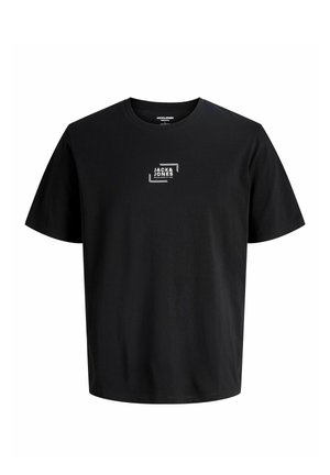 Black cotton t-shirt with short sleeves, featuring a small white logo on the chest. Classic crew neck design, smooth texture, and relaxed fit.