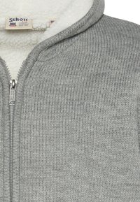 Szara bluza z kapturem na zamek z przodu, o fakturze prążkowanego dziania i miękkim białym polarem wewnątrz kołnierza. Widoczne logo Schott.