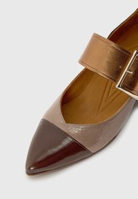 Ruskeat ja beige nahkakengät, joissa on terävä kärki, varustettuna metallinhohtoisella kultaisella hihnalla ja kiiltävällä ruskealla korostuksella kärjessä.