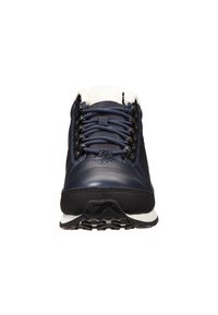 Navy blue athletic shoe with leather upper, faux fur lining, contrasting stitching, and rugged rubber sole. Features round laces and metal eyelets.