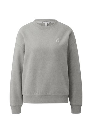 Hellgraues Sweatshirt mit Rundhalsausschnitt, gerippten Bündchen und Saum, mit einer kleinen weißen Kirschgrafik auf der linken Brust.