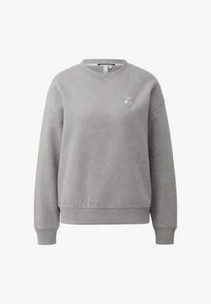 Hellgraues Sweatshirt mit Rundhalsausschnitt, gerippten Bündchen und Saum, mit einer kleinen weißen Kirschgrafik auf der linken Brust.