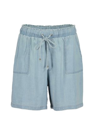 Shorts in denim azzurro chiaro con vita elasticizzata e cordoncino, dotati di due tasche laterali e una vestibilità comoda. Tessuto liscio, design informale.
