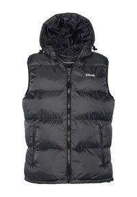 Schwarze gepolsterte Weste mit Kapuze, ausgestattet mit einem durchgehenden Reißverschluss, Seitentaschen und einem gesteppten Design. Das Material wirkt glatt und leicht glänzend.
