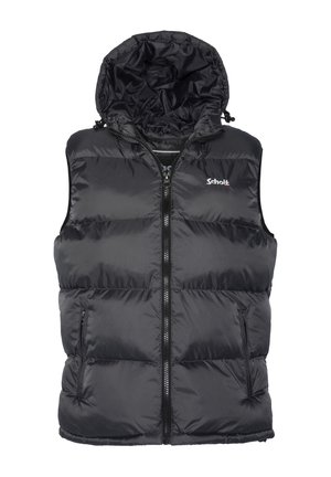 Schwarze gepolsterte Weste mit Kapuze, ausgestattet mit einem durchgehenden Reißverschluss, Seitentaschen und einem gesteppten Design. Das Material wirkt glatt und leicht glänzend.