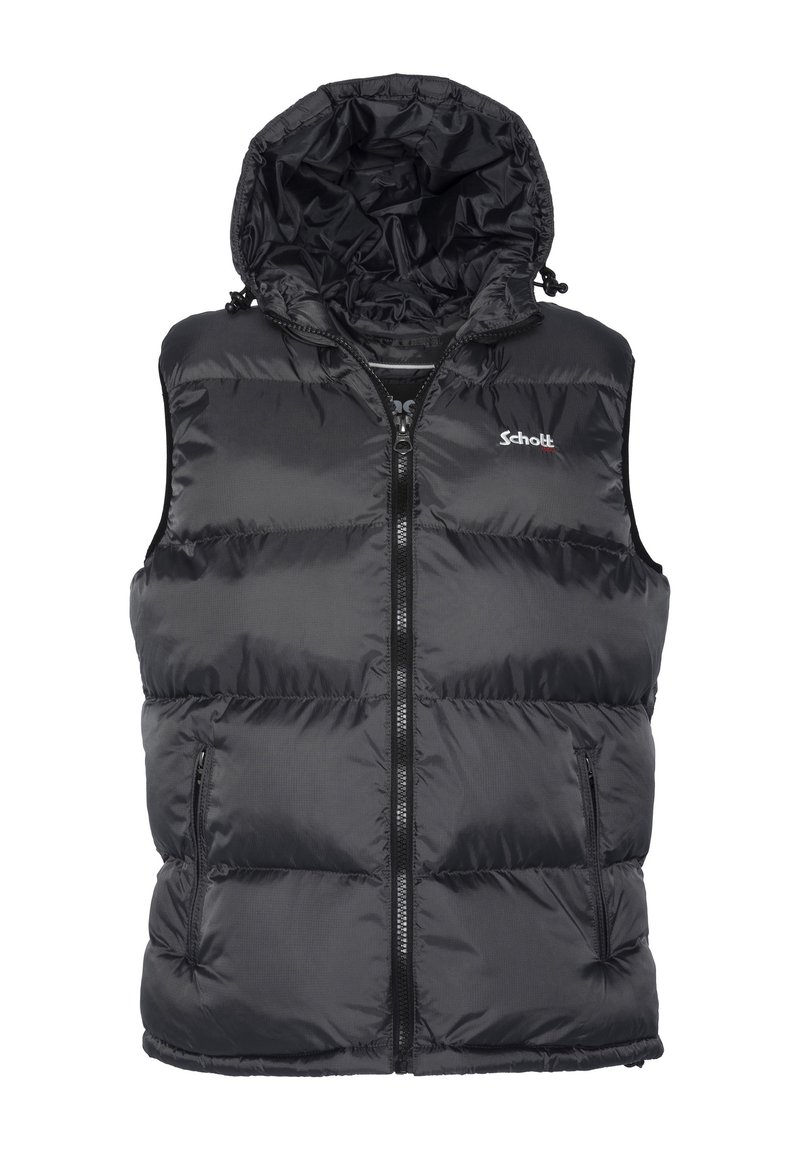 Schwarze gepolsterte Weste mit Kapuze, ausgestattet mit einem durchgehenden Reißverschluss, Seitentaschen und einem gesteppten Design. Das Material wirkt glatt und leicht glänzend.