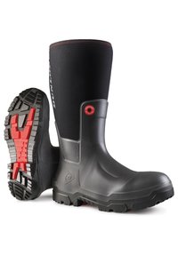 Black waterproof boots with a high shaft, rubber material, textured sole, and red accents on the outsole provide grip and stability.