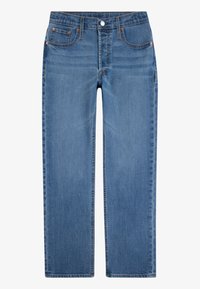 Raka blå denimjeans med midjehöjd, femficksdesign, synlig sömnad och kopparknapp. Slät, medeltjock tyg.