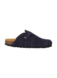 Navyblaue Wildleder-Slipper mit Kork-Zwischensohle, Gummisohle und metallischem Knopf-Detail auf der Oberseite. Glatte Textur mit abgerundetem Design.