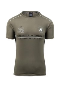 Olijfgroene sport-t-shirt met korte mouwen, voorzien van witte accenten, logo-print en "GORILLA WEAR" tekst. Lichtgewicht stofontwerp.