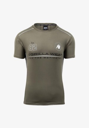 Olijfgroene sport-t-shirt met korte mouwen, voorzien van witte accenten, logo-print en "GORILLA WEAR" tekst. Lichtgewicht stofontwerp.