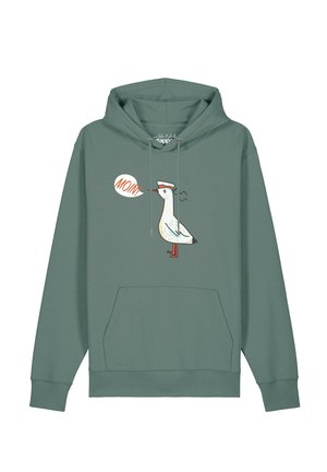 Grüner Hoodie mit einer Cartoon-Möwe, die eine Matrosenmütze trägt, und dem Wort "MOIN" in einer Sprechblase auf der Vorderseite.