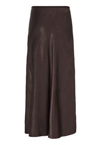 Ruda midi sijonas su lygiu, blizgiu paviršiumi. Turi A-formos siluetą ir aukštą liemenį, sukurtas patogiam prigludimui. Be raštų ar akcentų.