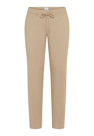 Pantalons légers beiges avec une taille à cordon, jambes fuselées et une texture lisse. Comprend des poches latérales et des détails de couture minimaux.