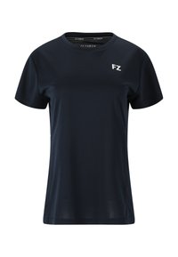 Marineblå atletisk T-shirt lavet af glat stof, med rund halsudskæring og korte ærmer. Hvid "FZ" logo på den øverste venstre side.