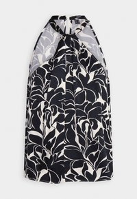 Abito con collo ad halter caratterizzato da un motivo floreale in bianco e nero. Realizzato in tessuto leggero con un design fluido. Dettaglio della schiena a occhialino.