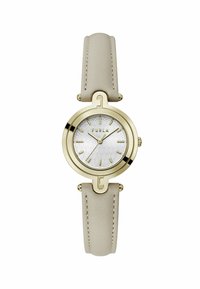 Orologio FURLA rotondo con quadrante argentato a motivo, cassa color oro e cinturino in pelle beige. Caratterizzato da indicatori delle ore minimalisti e design elegante.
