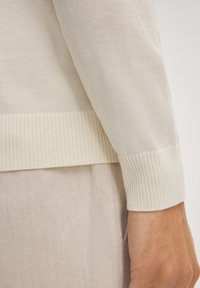 Manica di maglione lavorato a maglia color beige chiaro con polsino a coste, che mostra una texture morbida e un design a strati, completata da un tessuto liscio.