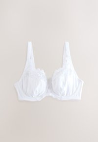 Soutien-gorge blanc à armatures avec bretelles réglables et détails en dentelle sur les bonnets, présenté sur un fond neutre.