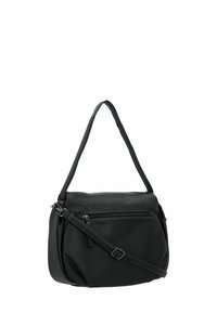 Borsa a spalla nera in pelle con finitura testurizzata, dotata di chiusura superiore con zip, tracolla regolabile e tasca frontale con zip.