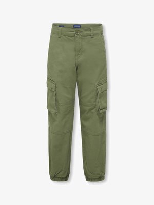 Olive green cargo pants made of sturdy fabric. Features multiple side pockets, an elastic waistband, and tapered cuffs. Durable and functional design.