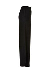 Pantaloni neri a gamba larga con vita elastica, realizzati in tessuto morbido e dotati di tasche laterali. Progettati per il comfort e la libertà di movimento.