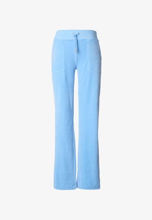 Pantalon de survêtement bleu clair en tissu doux, avec une taille à cordon de serrage, deux poches avant et une coupe décontractée avec jambes évasées.
