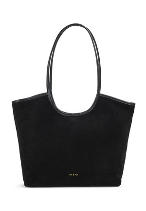 Borsa tote in suede nera con manici in pelle sottili e piccolo logo dorato "nat & nin" centrato vicino alla parte inferiore.