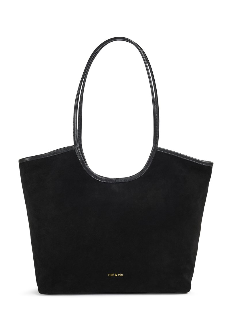 Sac fourre-tout en daim noir avec de fines anses en cuir et un petit logo doré "nat & nin" centré près du bas.