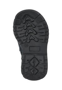 Suela de zapato negra con patrones de agarre texturados, que presenta formas angulares y de diamante, y tamaño numerado marcado en el costado.