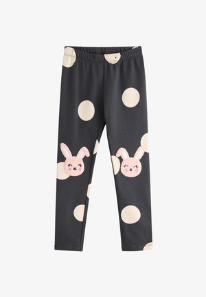 Dark gray leggings with large cream polka dots and embroidered pink bunny faces, featuring white ears and stitched facial details.