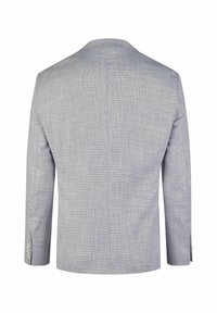 Grauer Blazer aus strukturiertem, gewebtem Stoff. Mit Reverskragen, einfachem Schlitz und Knopfakzenten an den Ärmel. Rückansicht.