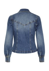 Jeans jakna v temno modri barvi s prilegajočo obliko, napihnjenimi dolgimi rokavi in zaključenimi manšetami s gumbi. Ima obliko usnjene yoke na hrbtu.